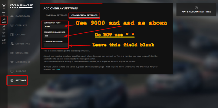 This is default settings required in Racelabs connection settings page